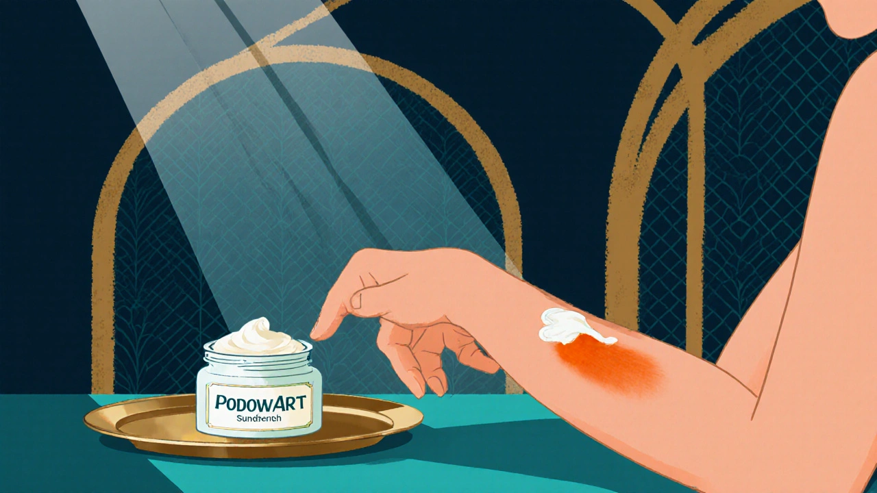 Vintage illustration of a person applying Podowart to a sunburned forearm with glowing healed skin.