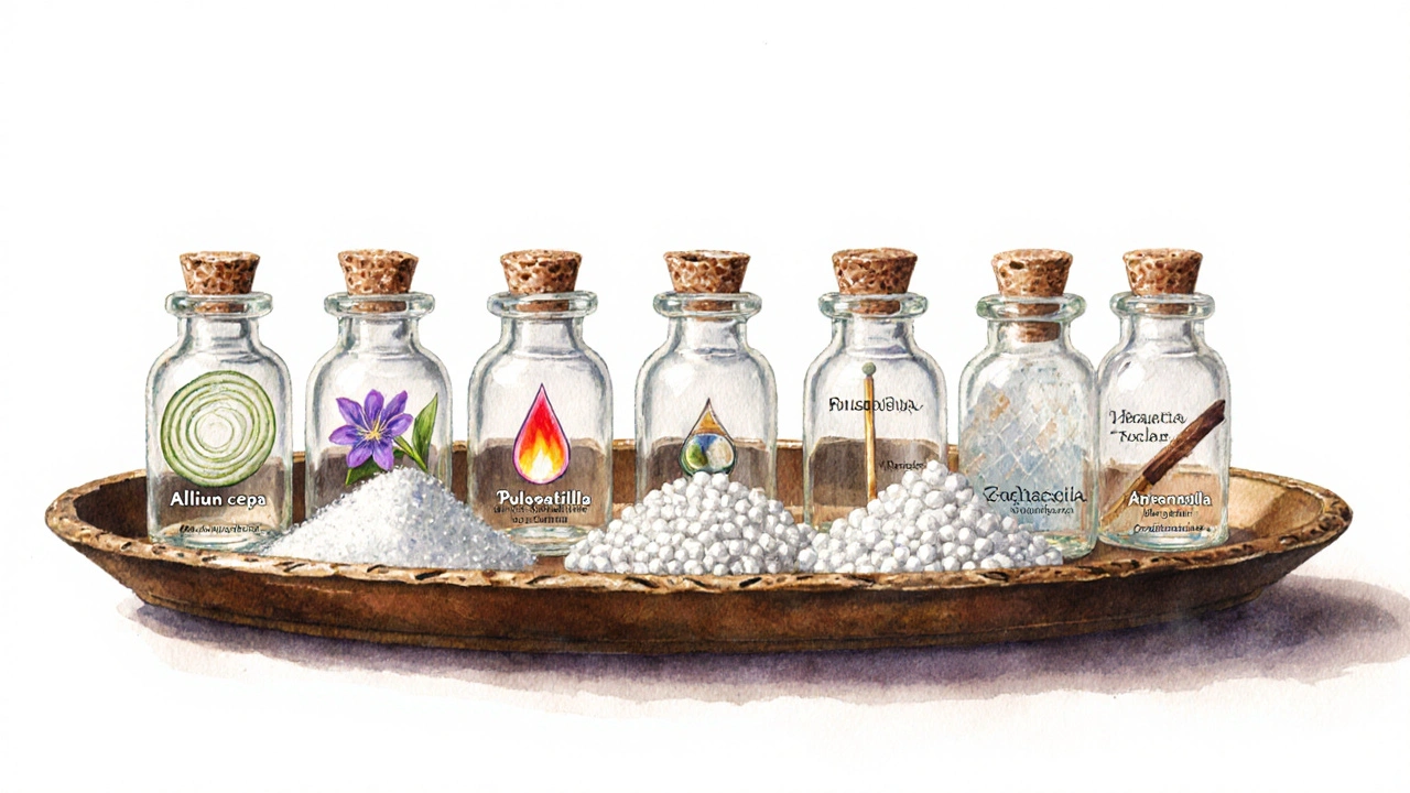 Watercolor of an apothecary tray with eight vials and symbolic elements for homeopathic remedies.