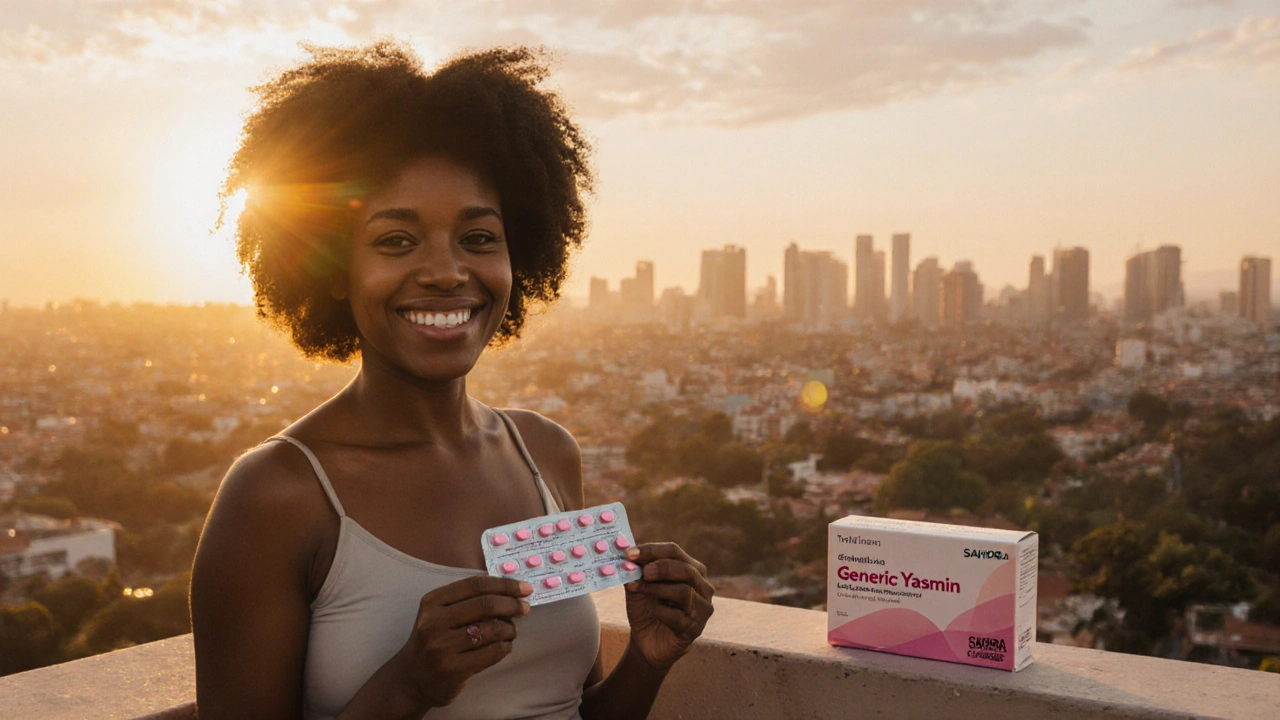 Woman holding generic Yasmin pack on a Durban balcony at sunset, feeling confident.