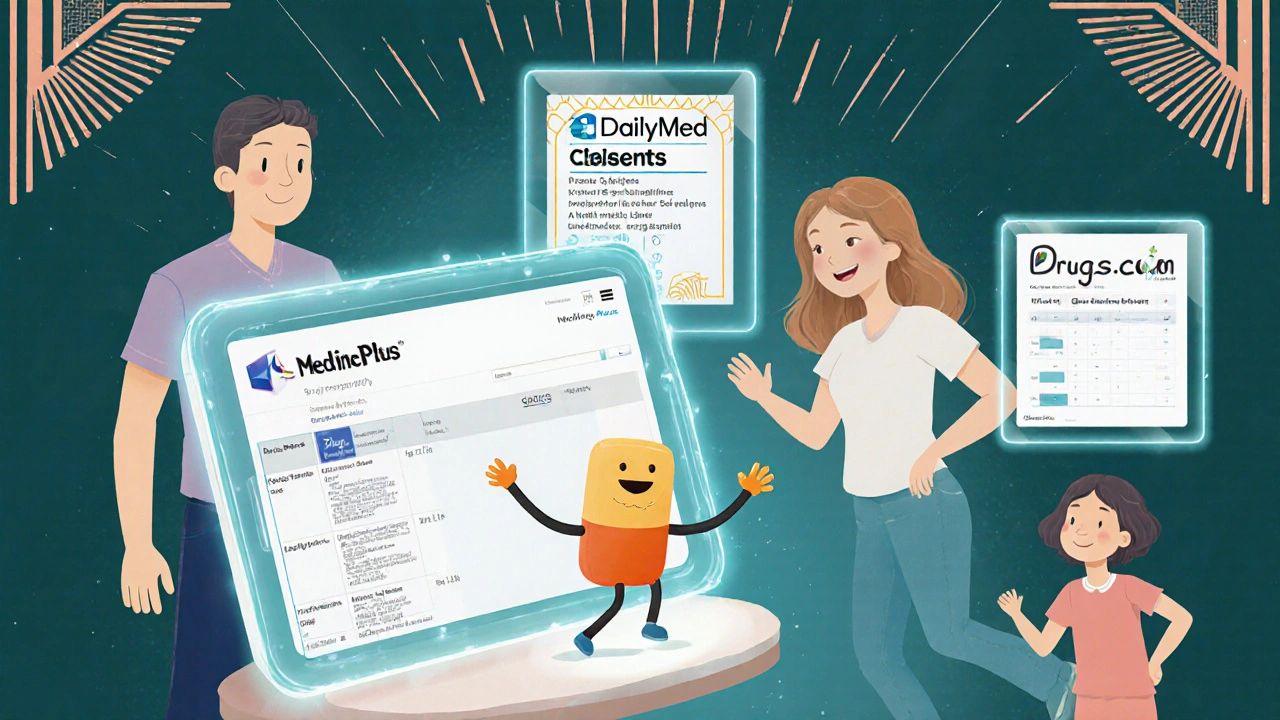 A family watches a friendly animated pill on a tablet, with medical resources shown as transparent holograms.