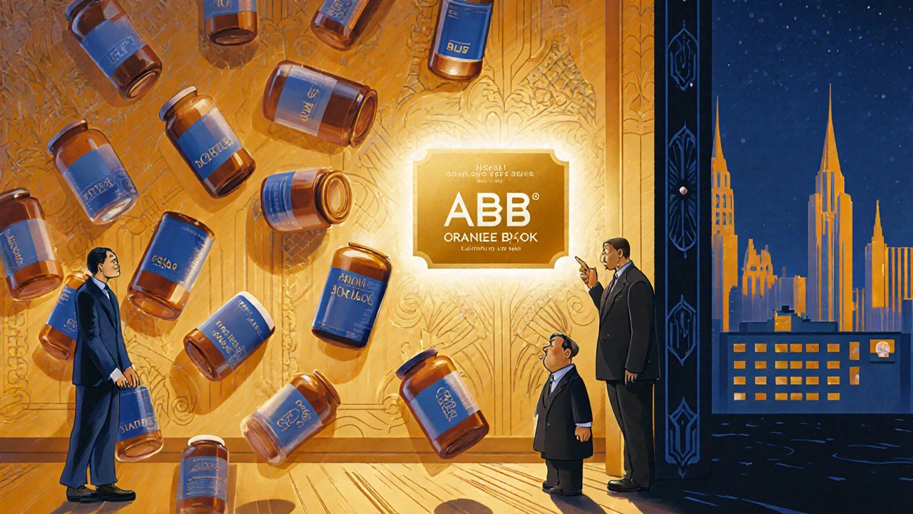 A patient looks at floating generic pills while a pharmacist points to a golden FDA Orange Book with AB rating.