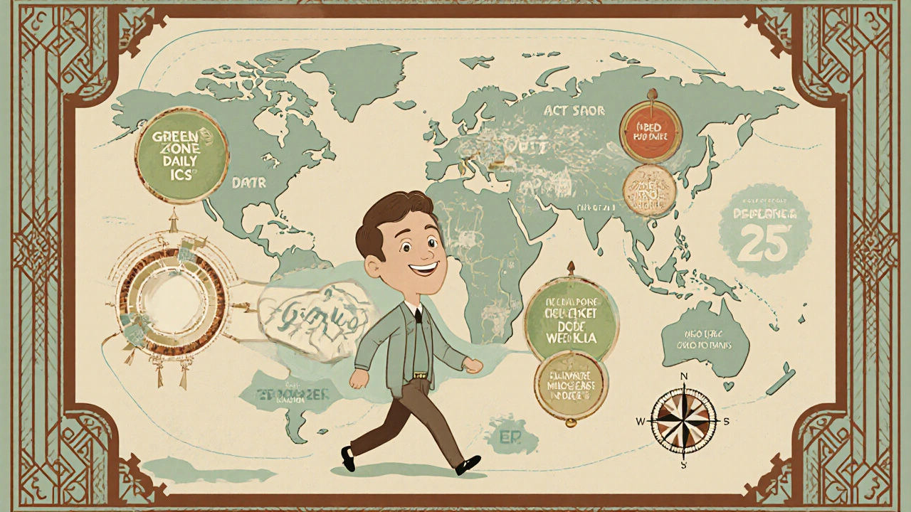 Asthma action plan as a vintage map with landmarks and compass, person walking past triggers confidently.