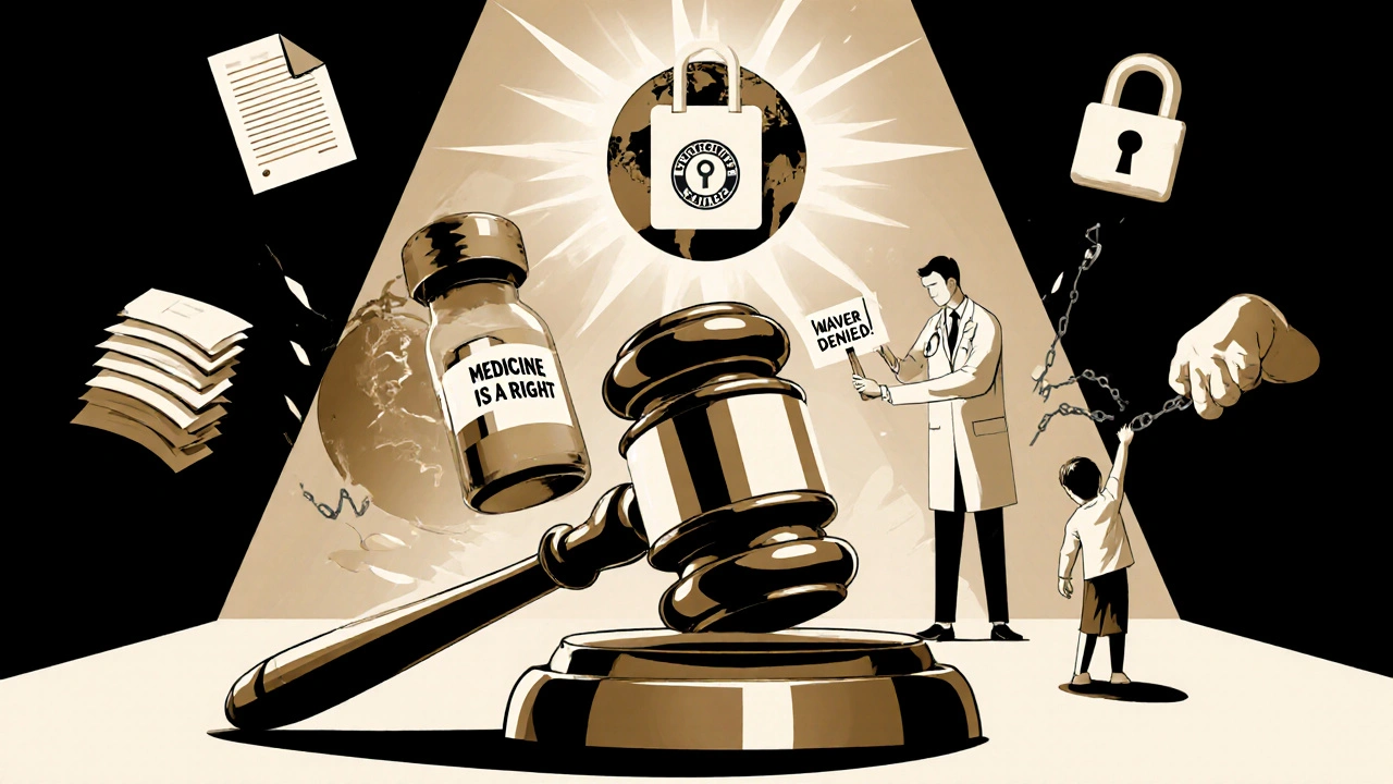 Courtroom with pill-shaped gavel striking globe, doctor holding &#039;Medicine is a Right&#039; sign amid legal and health icons.