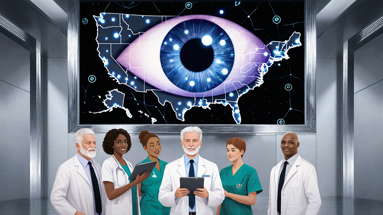 Diverse group of patients in modern clinic with digital health data and mural of U.S. registry dots