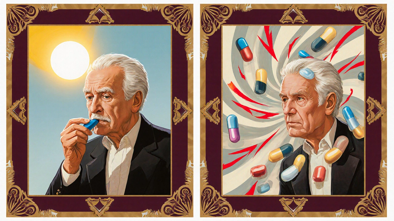 Elderly patient on left calmly taking a familiar blue pill; same person on right looks anxious amid swirling, differently colored pills and warning lines.