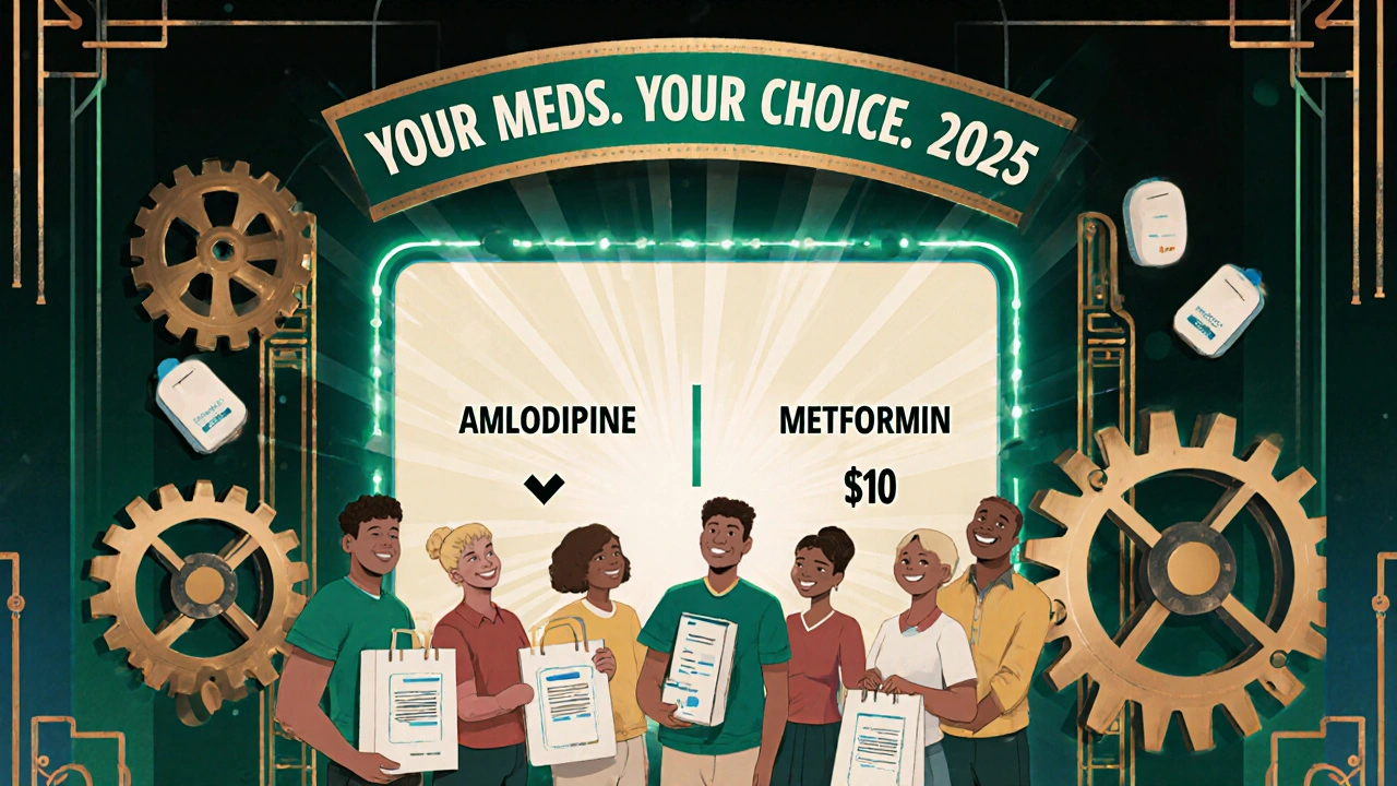 Futuristic pharmacy navigator screen showing personalized drug recommendations, diverse people holding prescriptions.