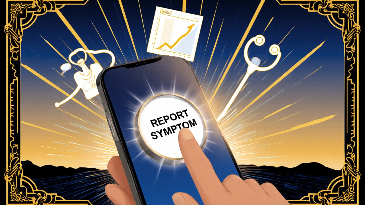 Hand pressing &#039;Report Symptom&#039; button on smartphone with abstract data rays and geometric Art Deco background