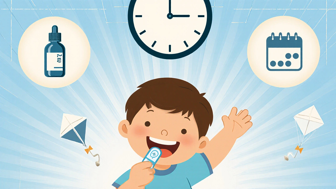 Happy child chewing a daily allergy tablet while flying a kite, 24-hour dose symbol above, clean medical icons in background.