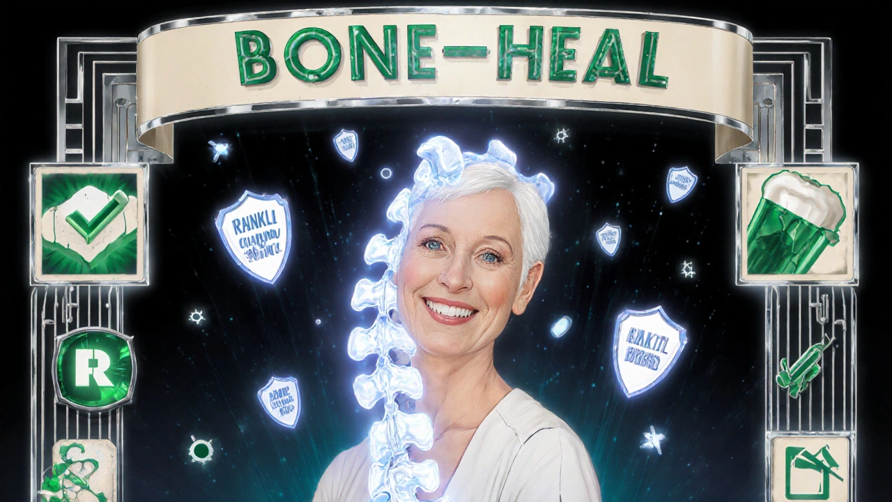 Hopeful vision of a healed spine glowing with crystal bone and molecular shields in Art Deco design.