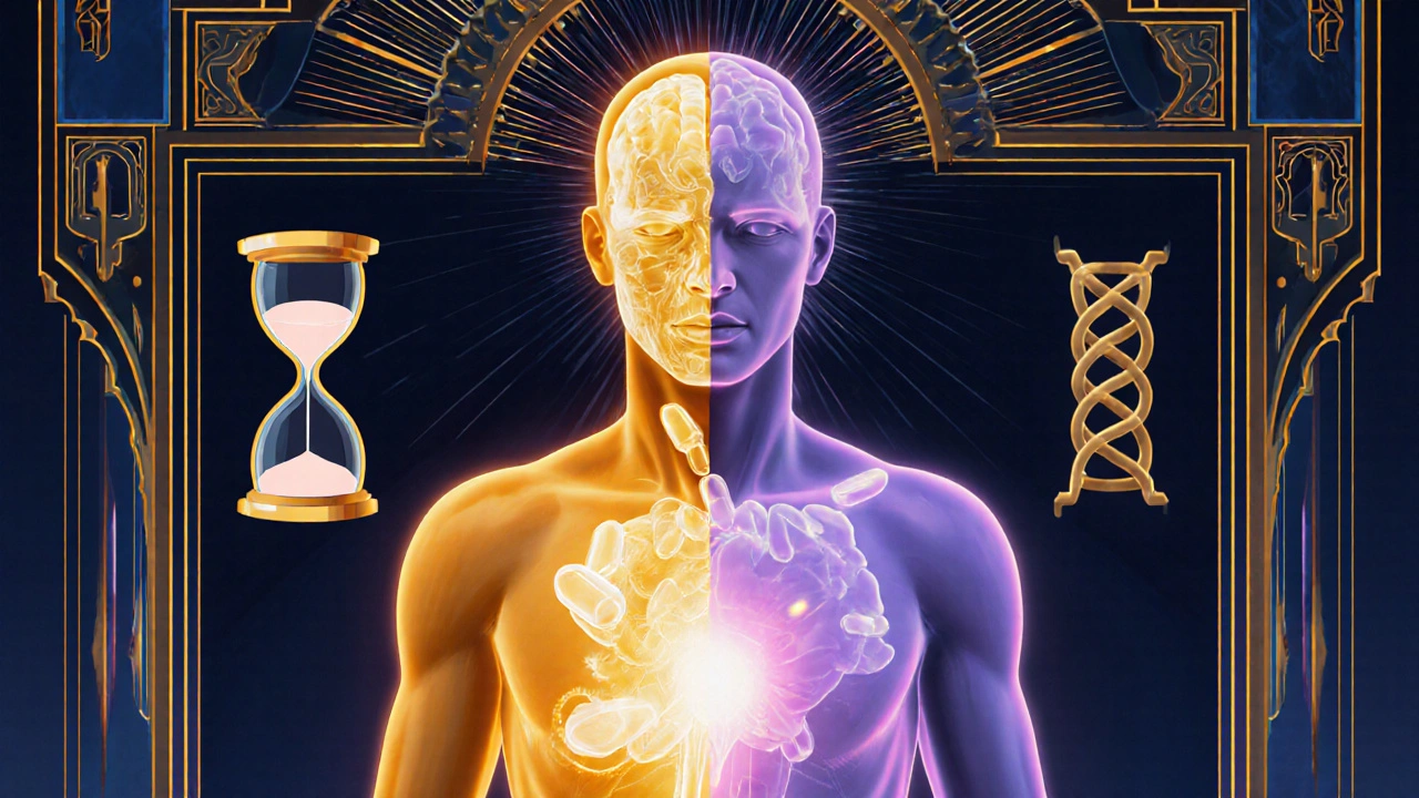 Human figure split in two, one side glowing with NSAID energy reducing joint inflammation, the other calmed by acetaminophen light, framed by sunbursts.