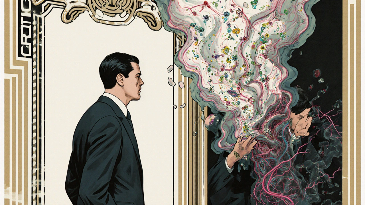 Man&#039;s dual reflection shows calm self vs. itching self with drug molecules rising