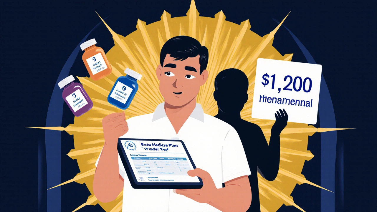 Man using a tablet to compare drug costs while a hidden high-deductible plan looms behind him.