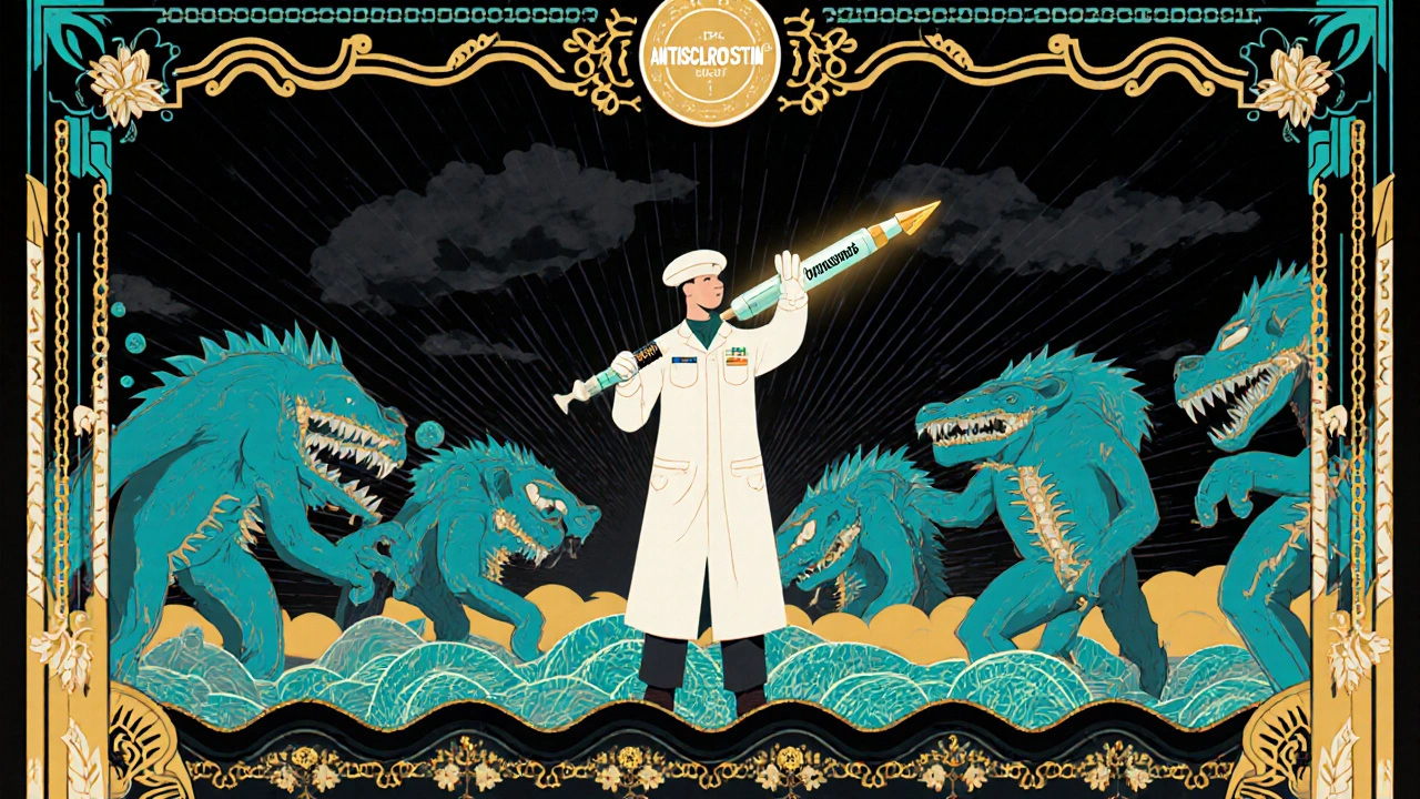 Medical battlefield scene with a syringe-blocking osteoclasts and restoring bone in Art Deco style.