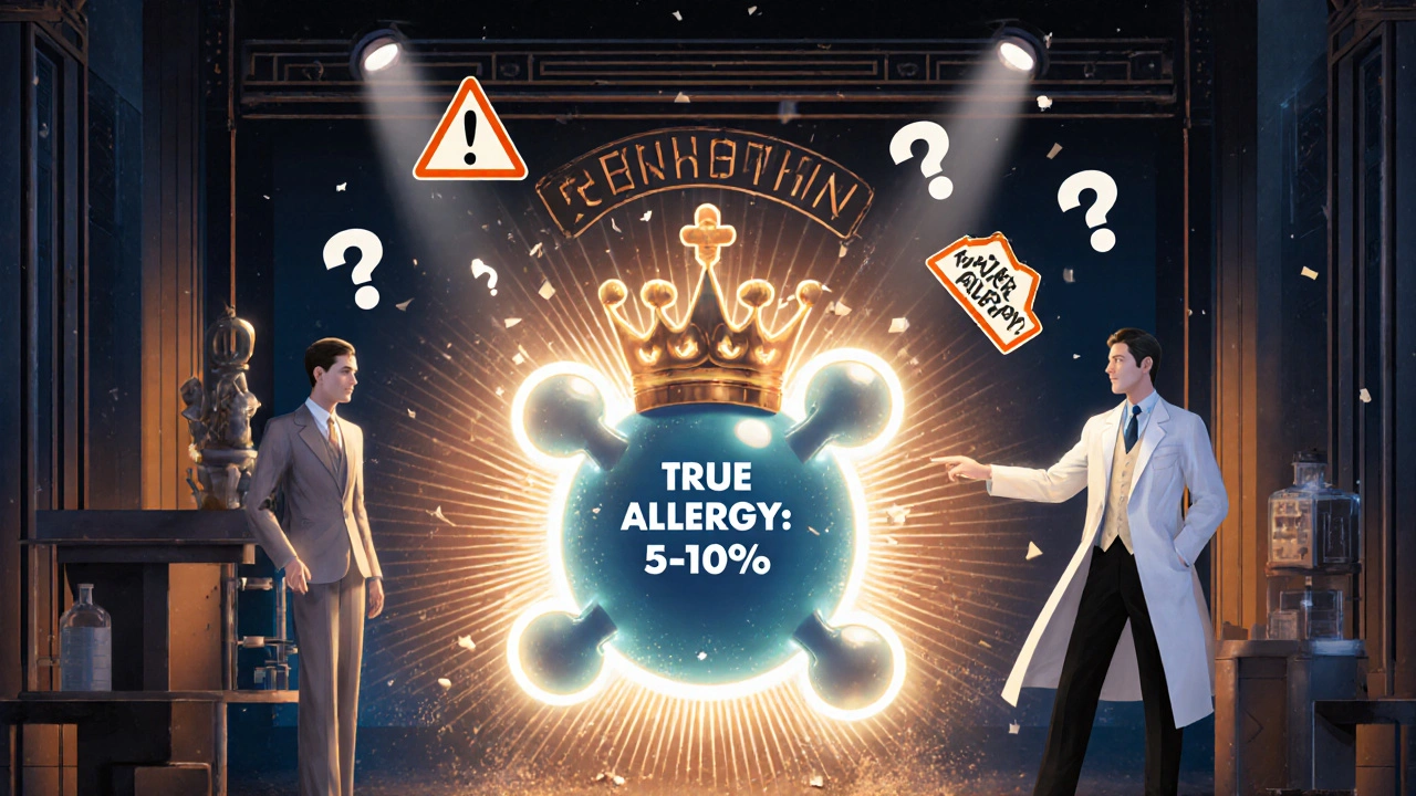 Penicillin molecule with shattered allergy warnings in Art Deco medical poster