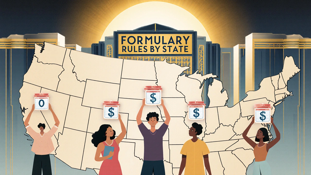People standing on a U.S. map with different drug costs above their heads based on state.