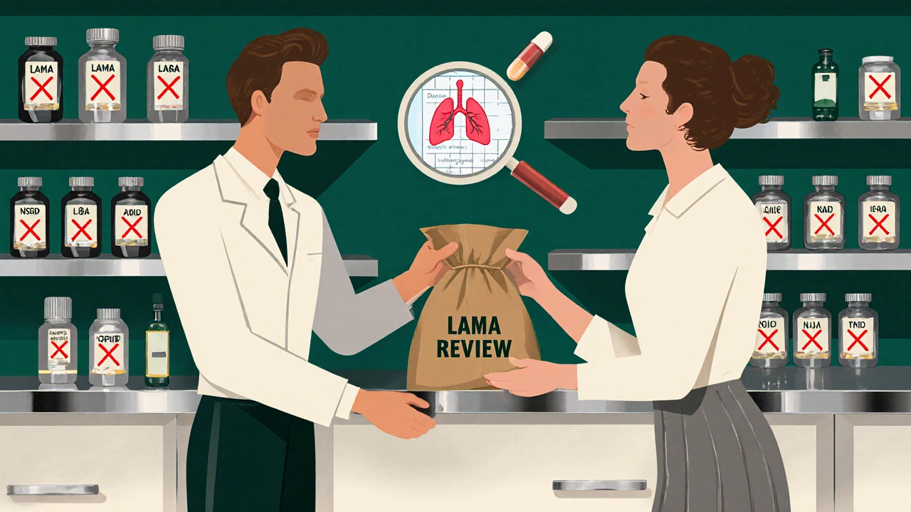 Pharmacist handing a brown bag of medications with warning symbols on shelves, emphasizing safe drug review.