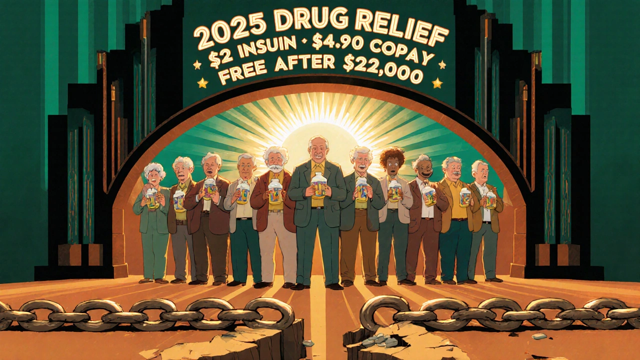 Seniors standing under a glowing arch labeled &#039;2025 Drug Relief&#039; as a broken &#039;Assistance Cliff&#039; chain lies shattered.