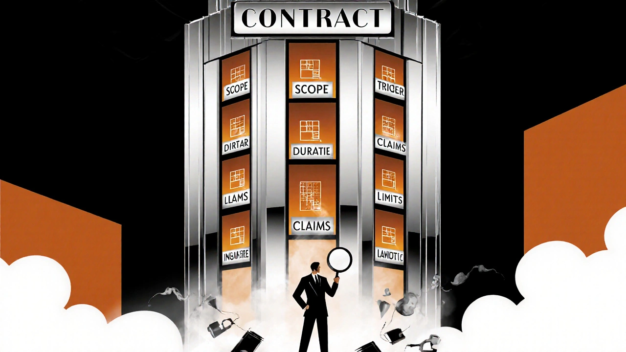 Skyscraper with seven windows showing indemnification elements under magnifying glass