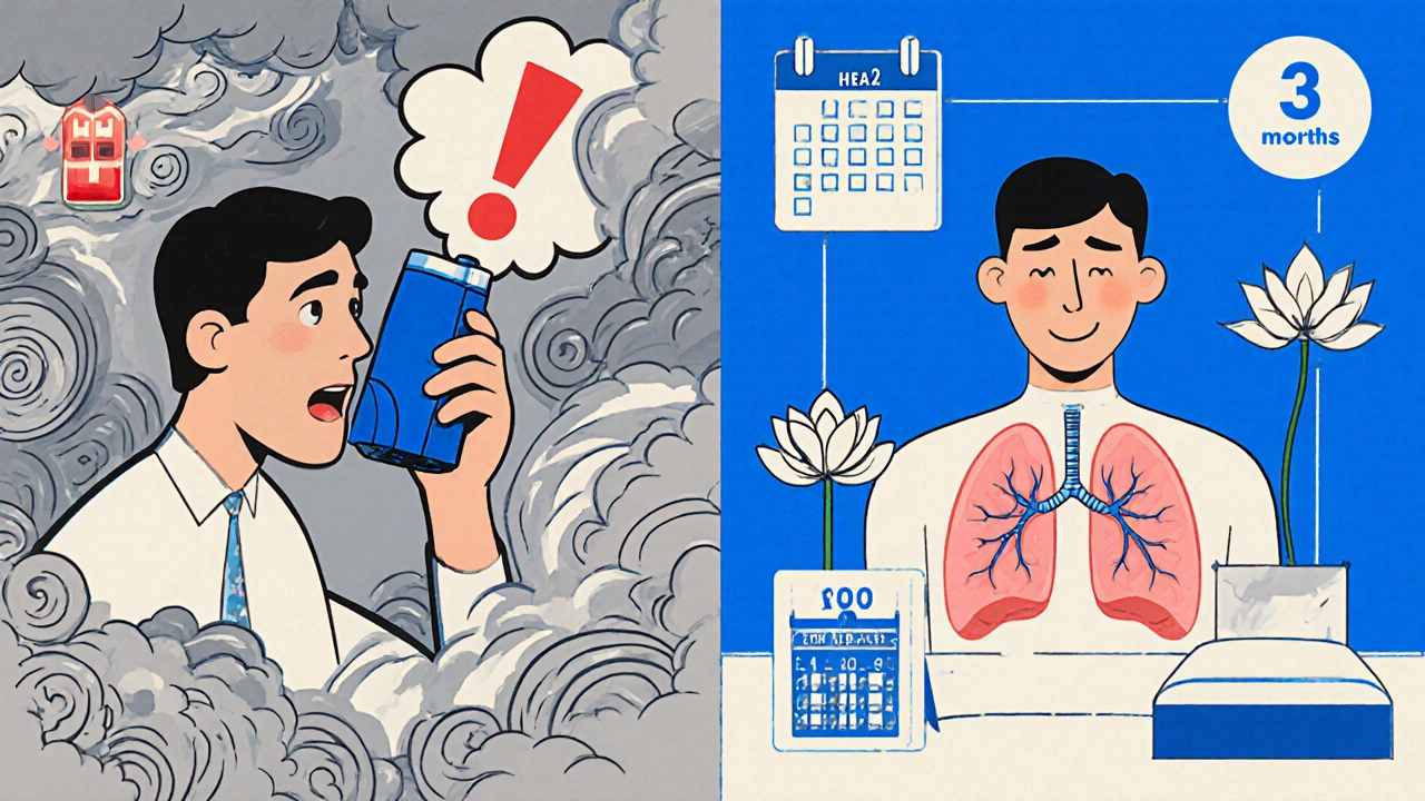 Split image: left shows distress with blue inhaler, right shows calm with modern inhaler and healthy lungs.