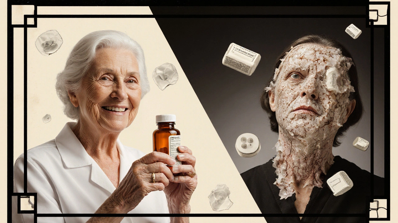 Split-image of calm patient versus same person with peeling rash, framed in Art Deco geometric style.