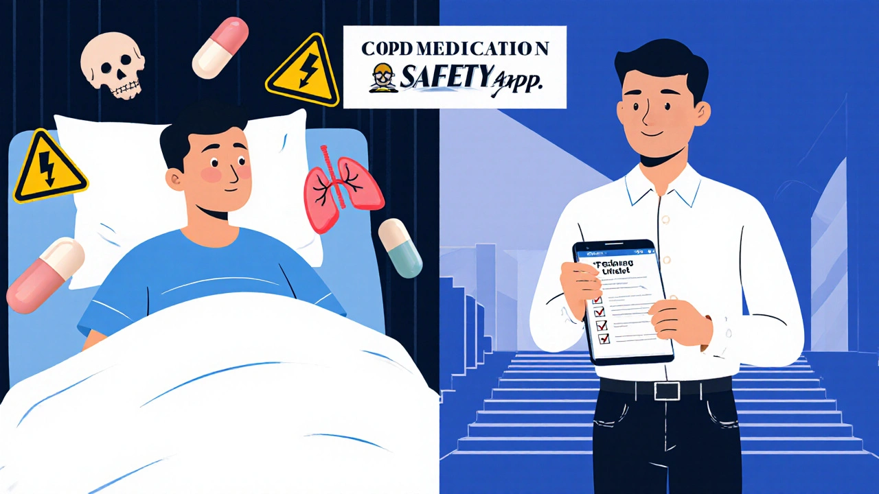 Split image: one man in hospital from dangerous meds, another healthy using a safety app and checklist.