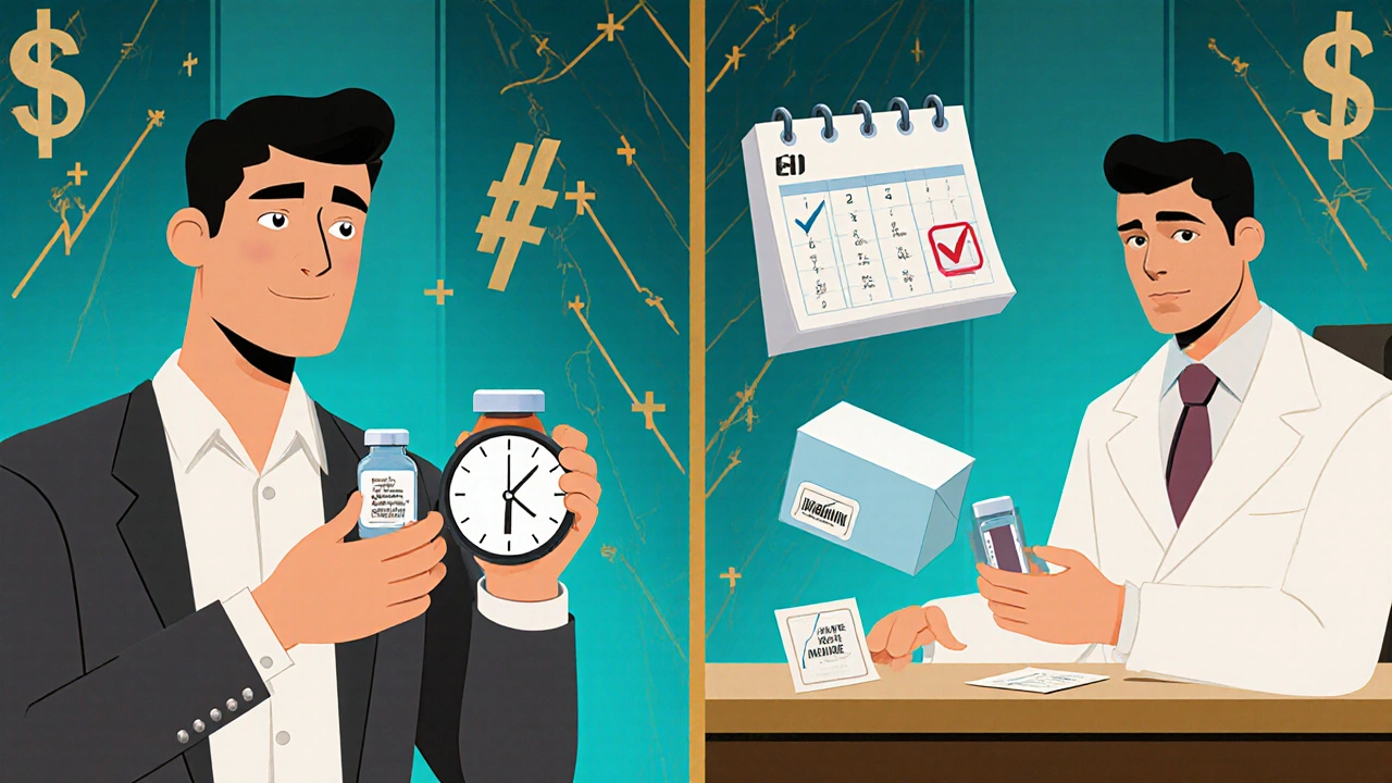 Split scene: anxious patient with empty bottle vs. calm patient receiving insulin from pharmacist, with calendar reminders.