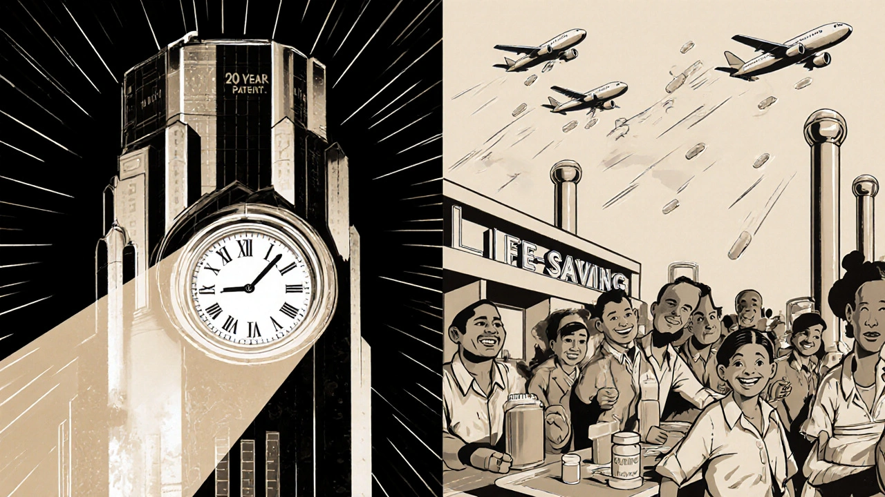 Split scene: corporate patent tower casting shadow over Africa, while Indian factory ships generic drugs to distant clinics.