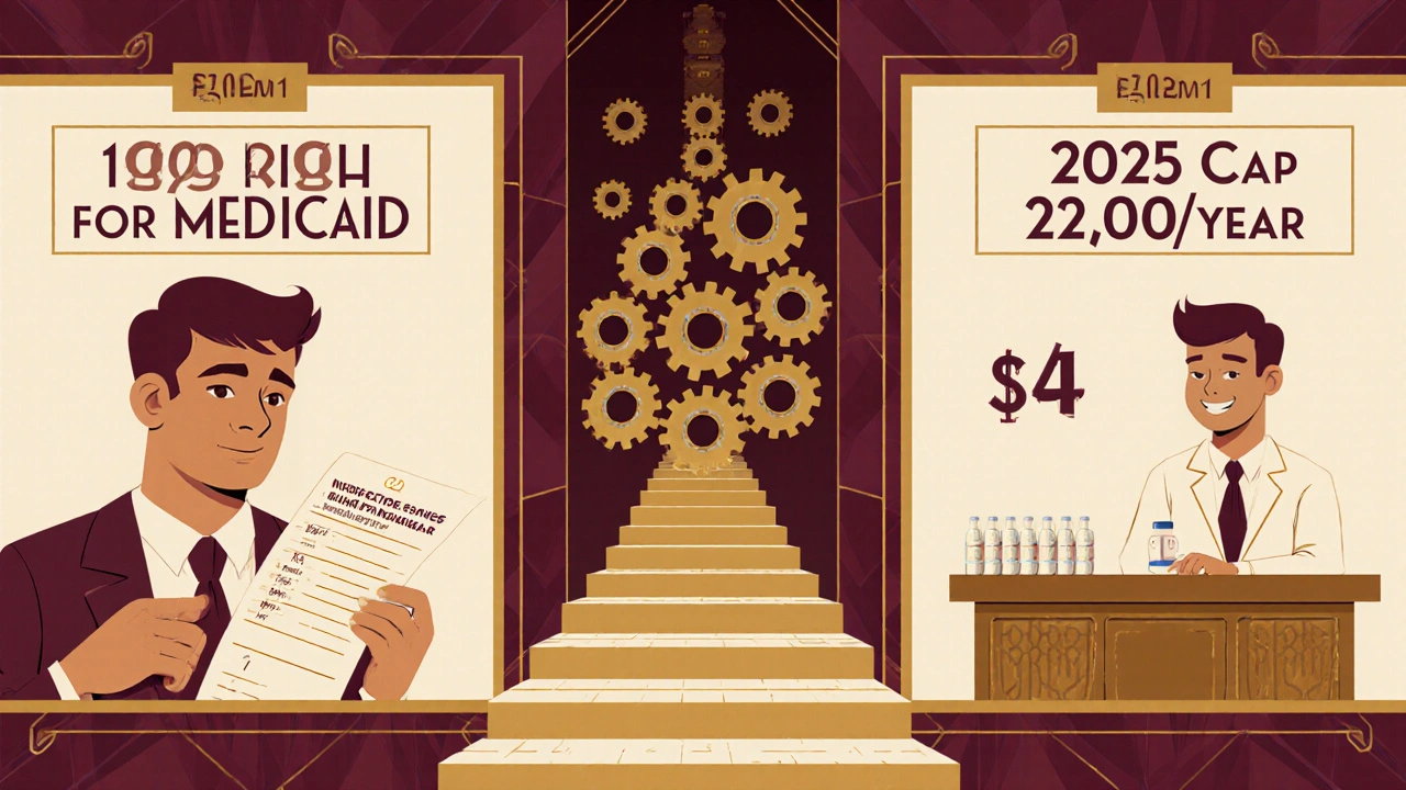 Split scene: man paying  vs.  at pharmacy, with a golden staircase symbolizing financial relief.