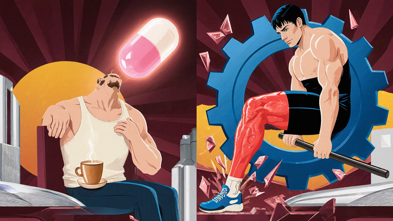 Split scene: one man with dull backache comforted by a soft pink pill, another with swollen knee overwhelmed by a blue gear-wheel pill.