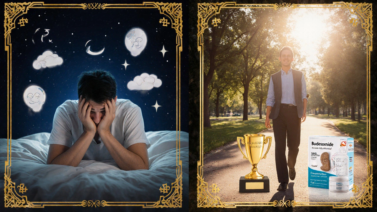 Split scene: tired person vs. healthy person with medical icons in Art Deco style