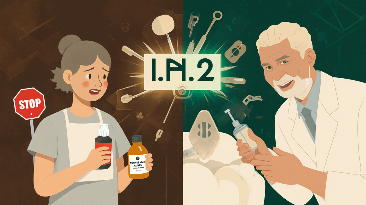 Split scene: worried patient vs. calm patient after dental care, with INR scale and dental tools in Art Deco design.