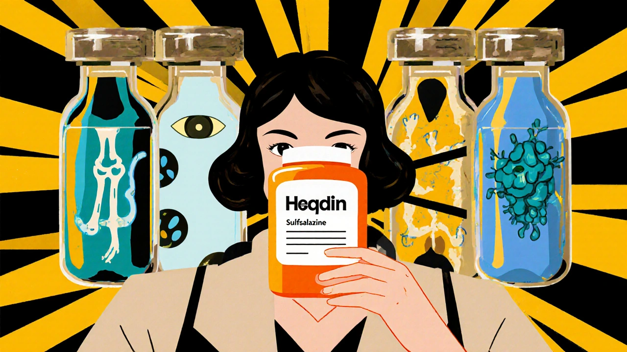 Stylized vials of Hsquin and alternative drugs arranged in a symmetrical Art Deco composition.