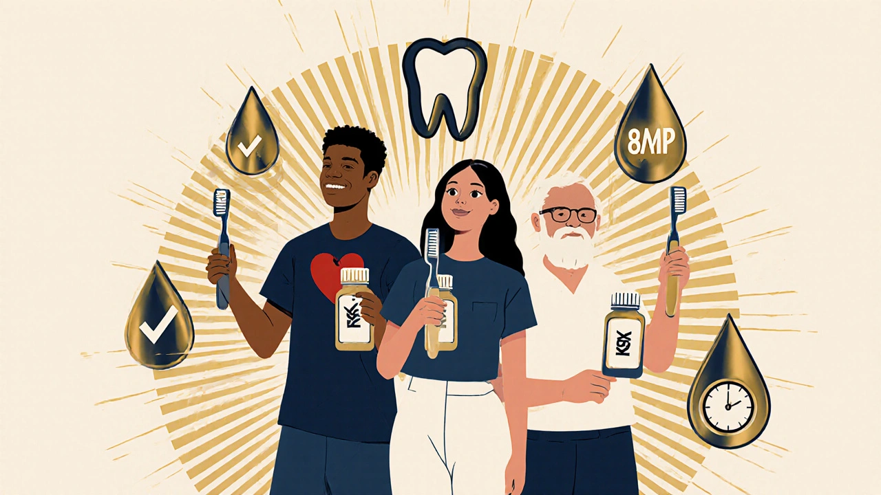 Three diverse patients celebrate dental and heart health with pill bottles and toothbrushes, floating icons in Art Deco style.