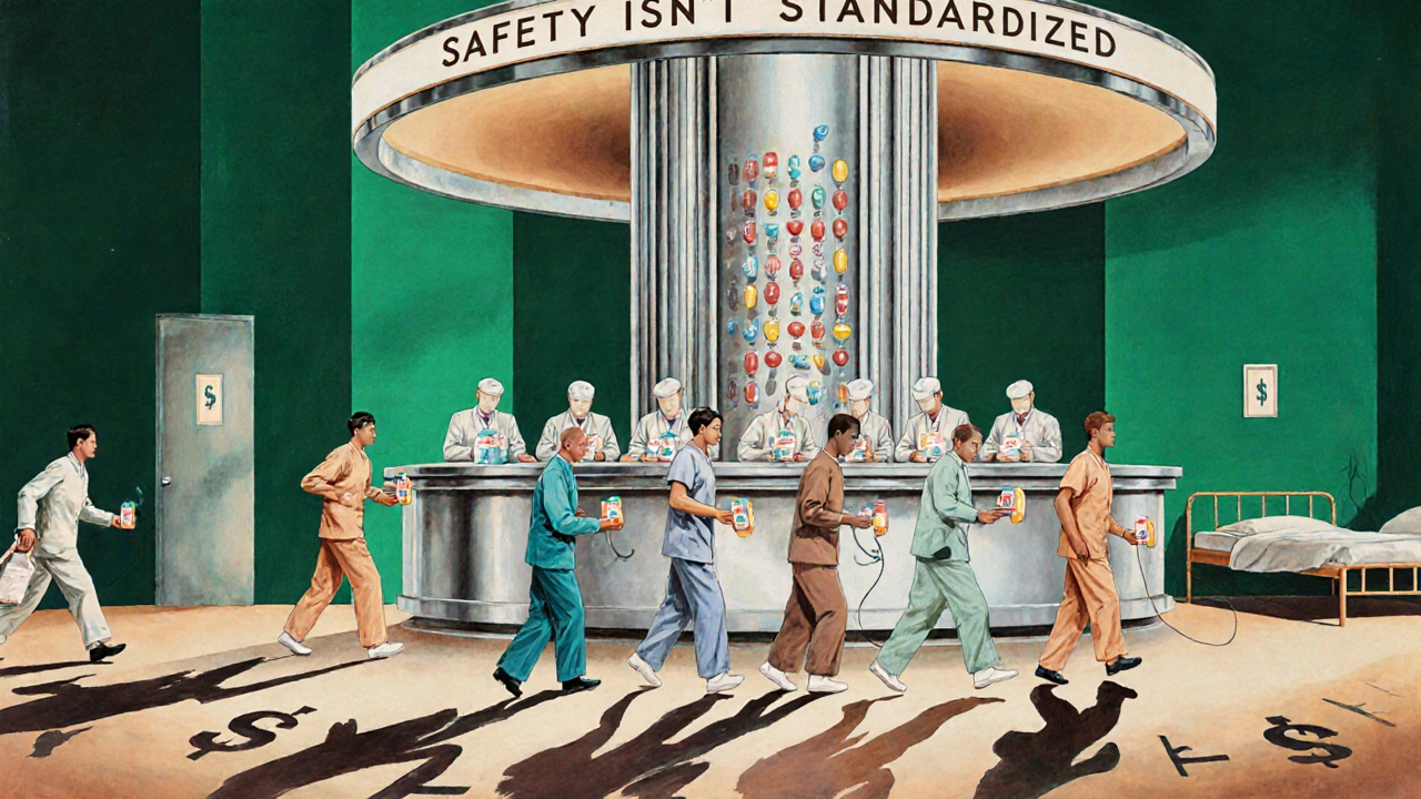 Towering pharmacy counter hands out varied pills to confused patients below, their shadows turning into hospital beds and dollar signs in Art Deco style.
