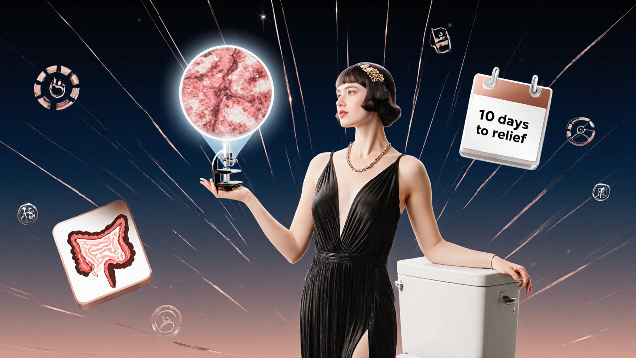 Woman in 1920s attire holding microscope showing budesonide treatment symbols