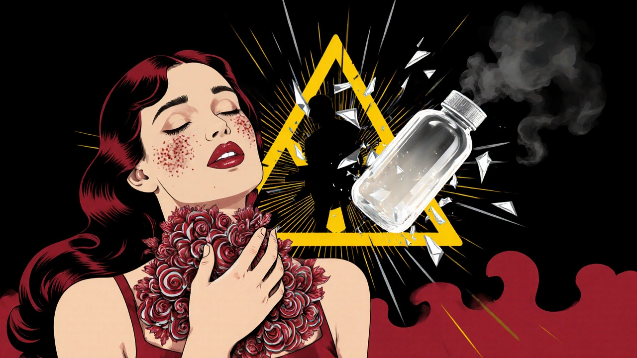 Woman with hives spreading like floral motifs, a shattered pill bottle forming a warning symbol.