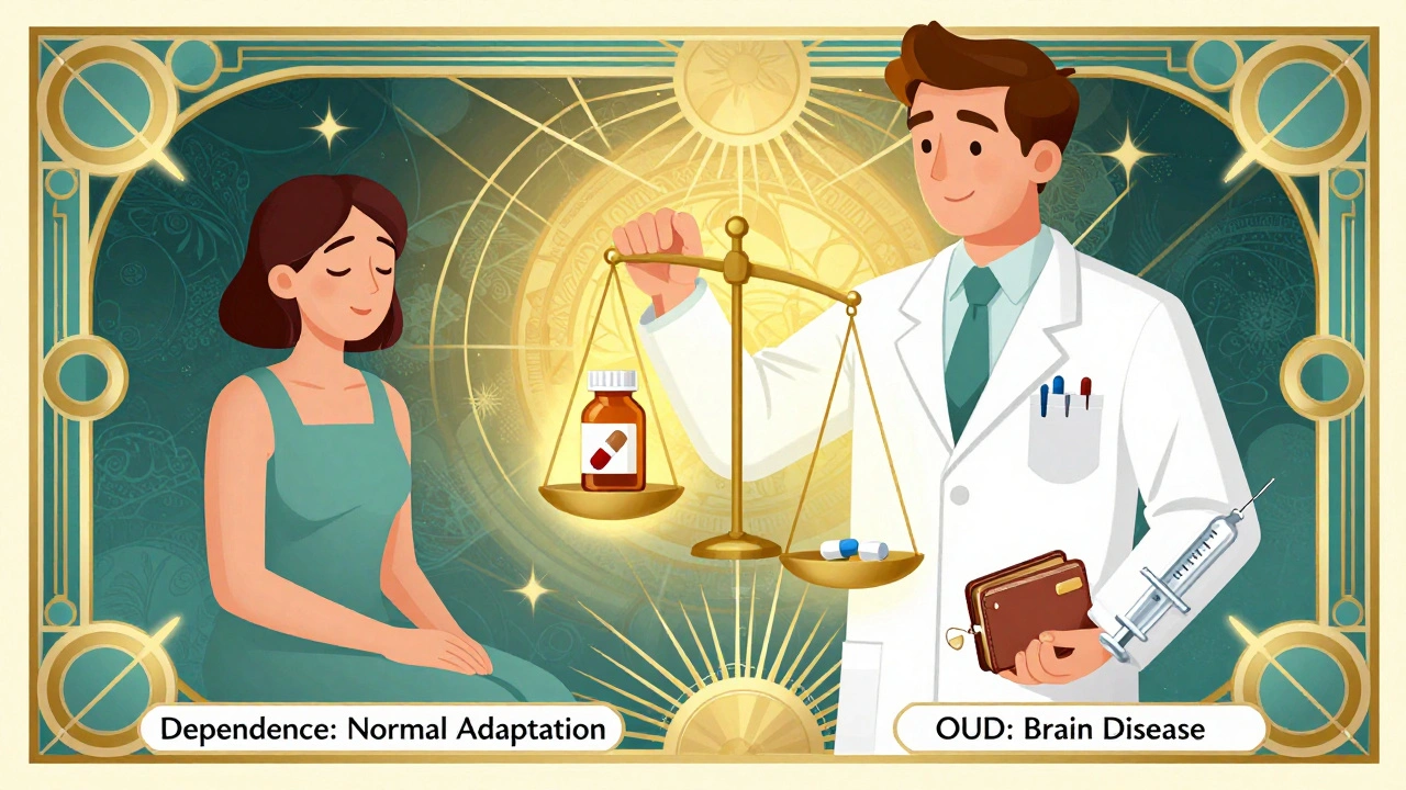 A doctor balancing scales labeled &#039;Dependence&#039; and &#039;Opioid Use Disorder&#039; in Art Deco style.