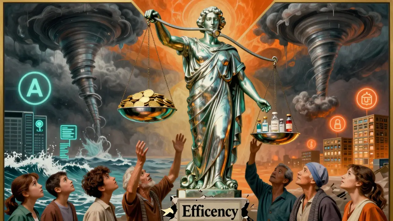 A giant statue weighing gold against medicine vials, while patients reach up as storms approach in the background.