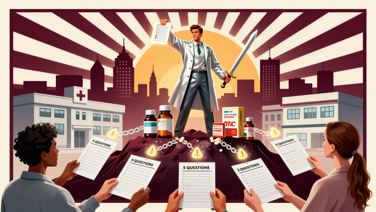 A heroic pharmacist stands atop medication piles, dissolving interaction warnings with a checklist.