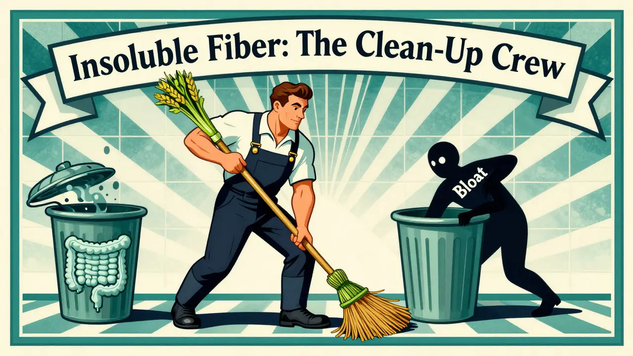 A janitor sweeping the digestive tract with a celery broom, banishing bloat in Art Deco style