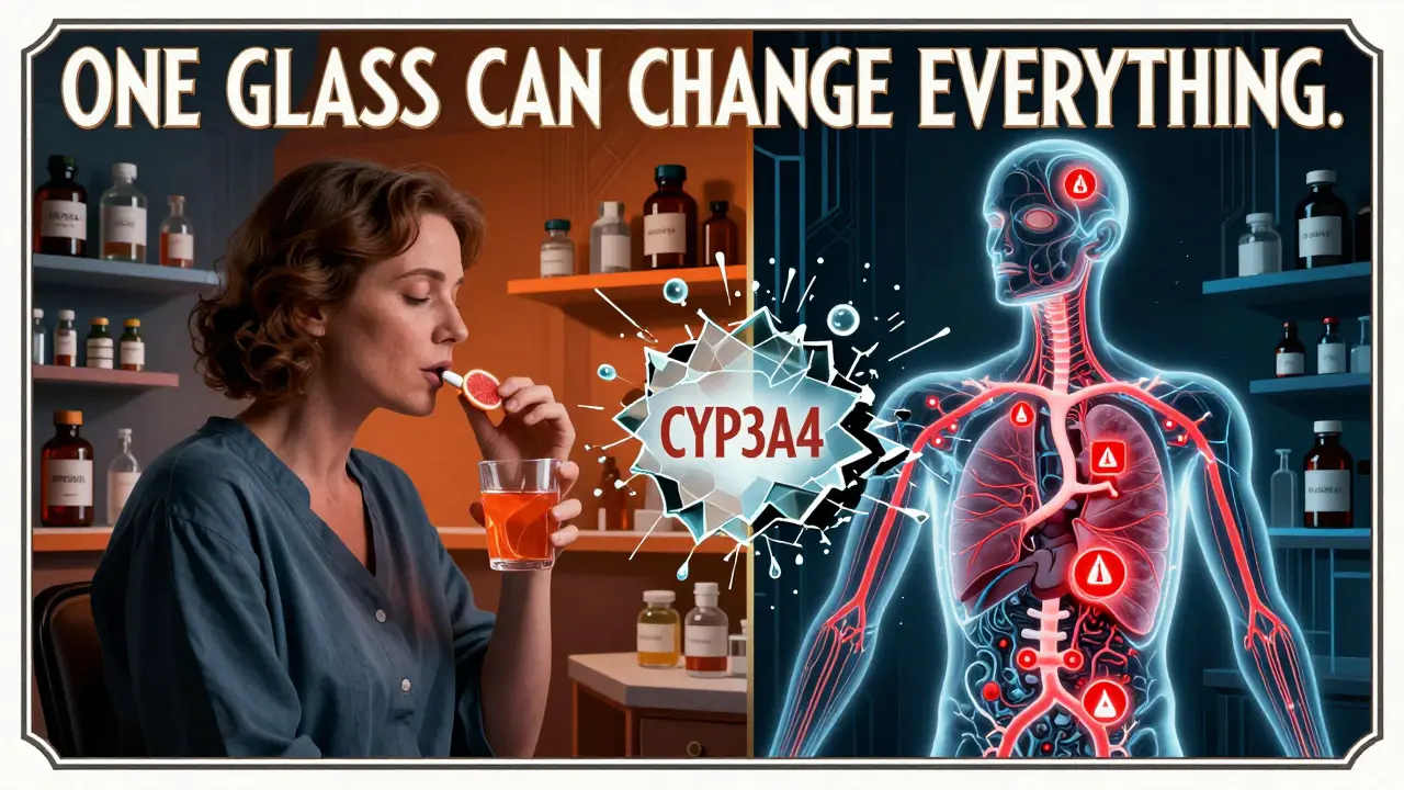 A patient's body transforms into a schematic with danger signals as grapefruit juice disrupts enzymes.