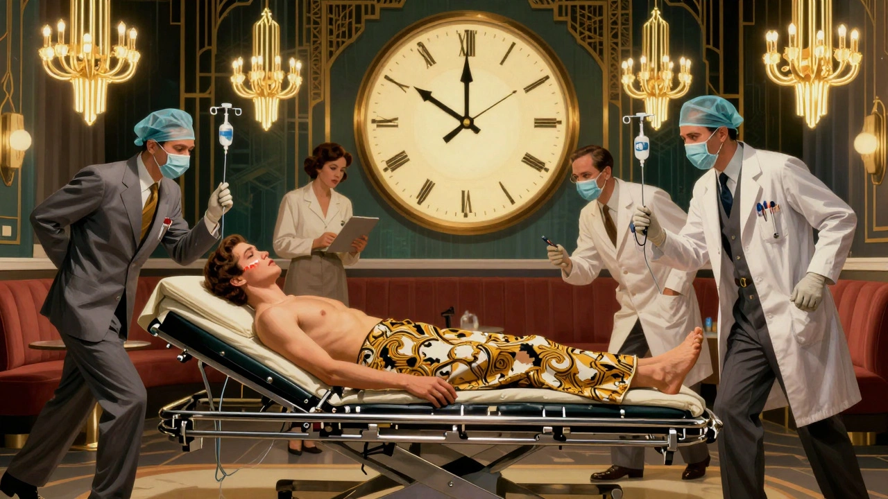 A patient in a sleek emergency room with peeling skin like wallpaper, doctors rushing in under glowing neon lights.