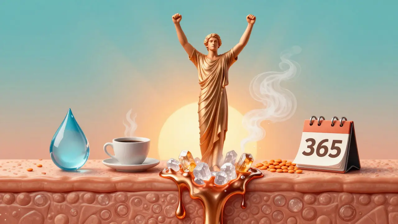 A person standing proudly as uric acid crystals melt away, surrounded by symbols of hydration and healthy diet in radiant Art Deco style.