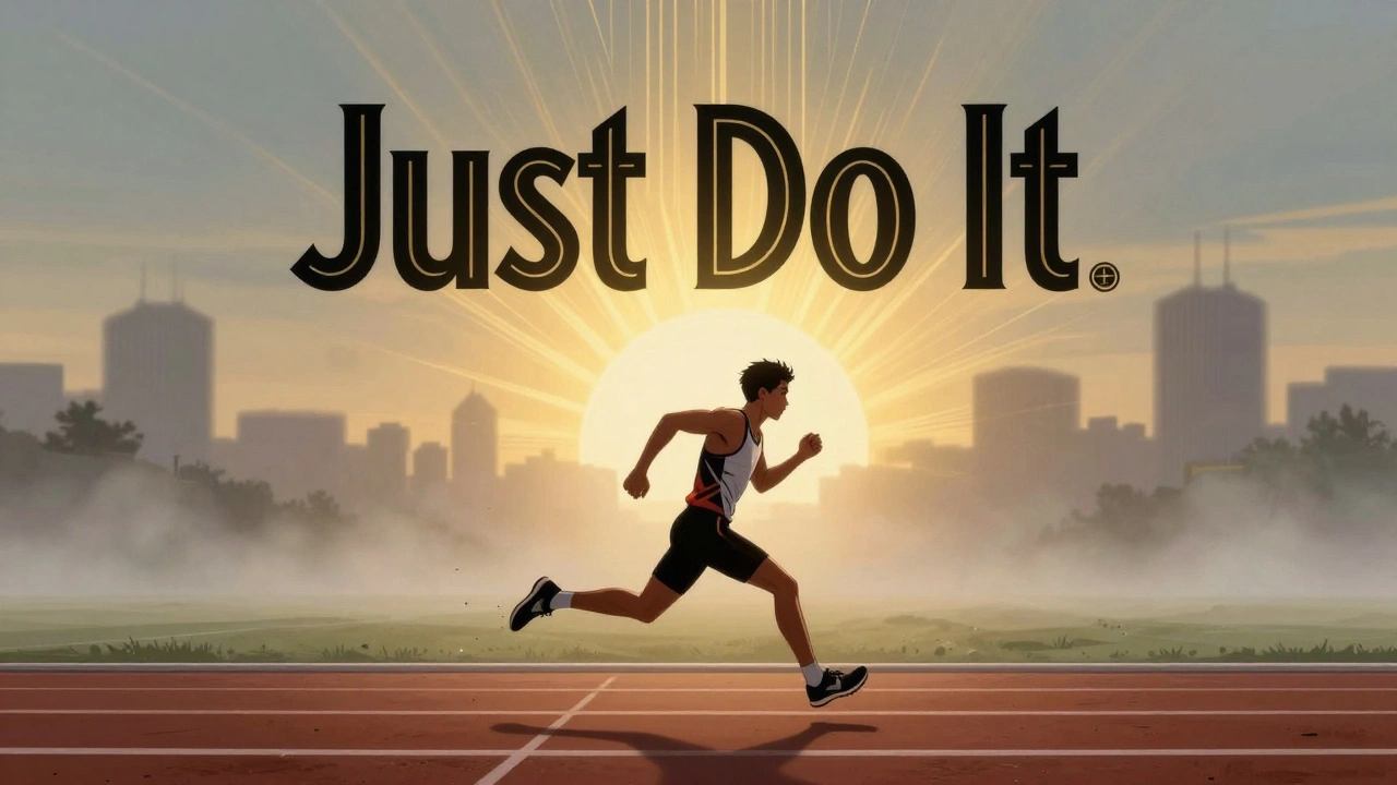 A runner in motion with Nike&#039;s &#039;Just Do It&#039; slogan floating above in bold Art Deco letters, dawn light bursting behind them.