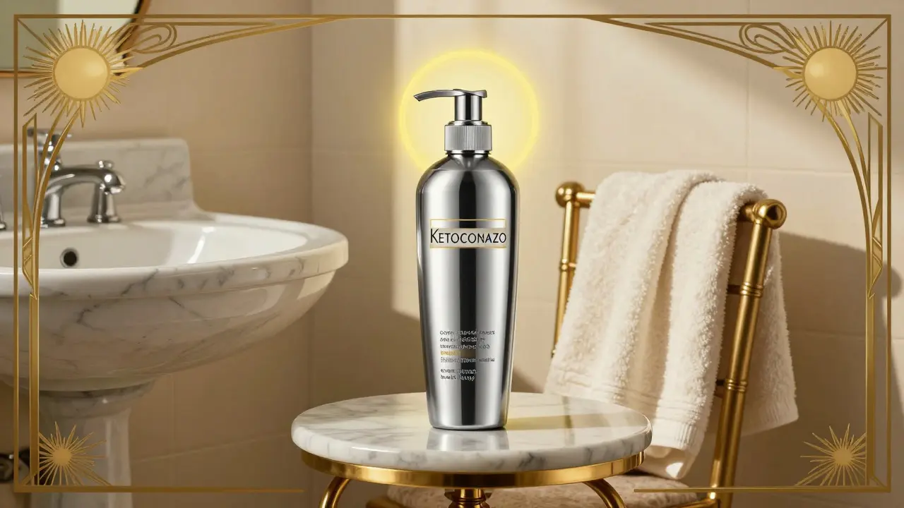 A sleek shampoo bottle beside a towel glowing under blacklight in an elegant Art Deco bathroom setting.