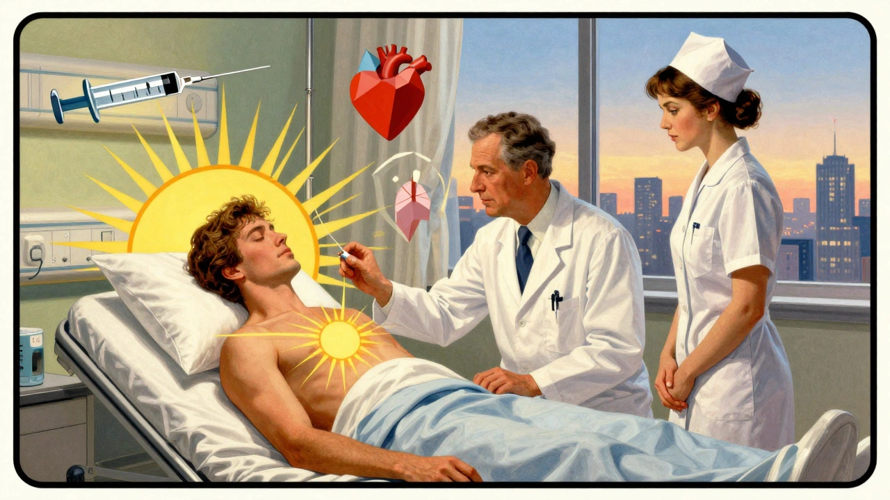 Allergist monitoring patient during aspirin desensitization with sunburst motifs in Art Deco design