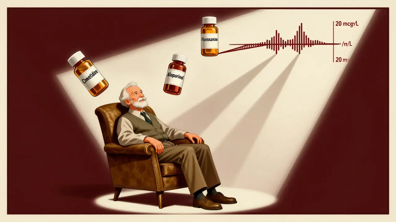 An elderly patient surrounded by prescription bottles casting shadows that form a rising toxic blood level graph.