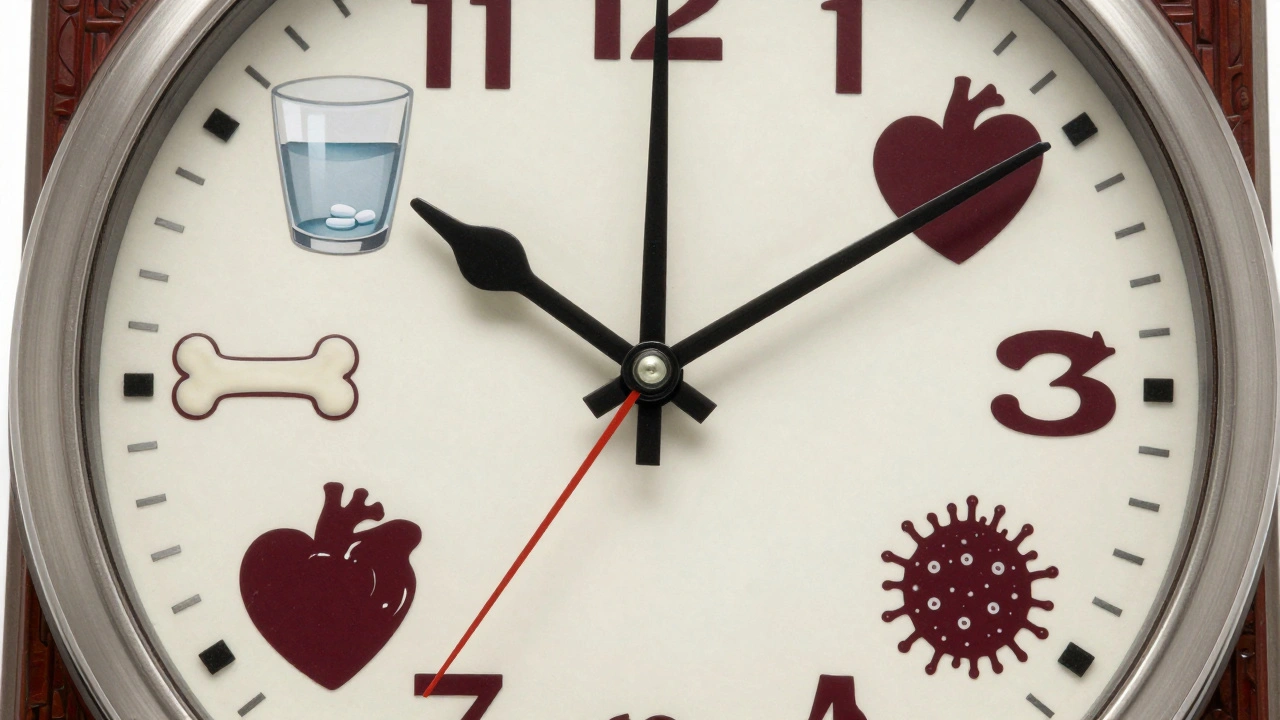 Art Deco clock showing timed doses of thyroid, calcium, antibiotic, and iron supplements.