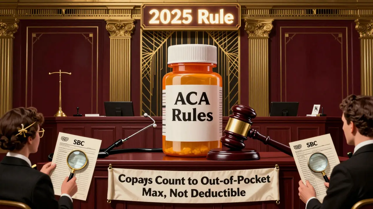 Art Deco courtroom scene with giant pill bottle on trial, judge with stethoscope gavel, and '2025 Rule' banner above.