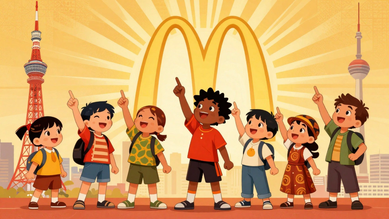 Children from three global cities pointing at the same golden arches, each in local attire, surrounded by stylized geometric sunbursts.